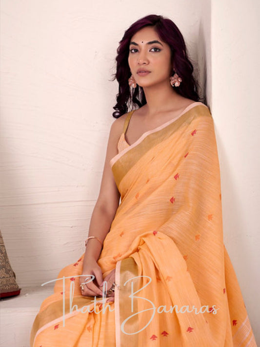 Peach - light Orange Linen Silk Saree