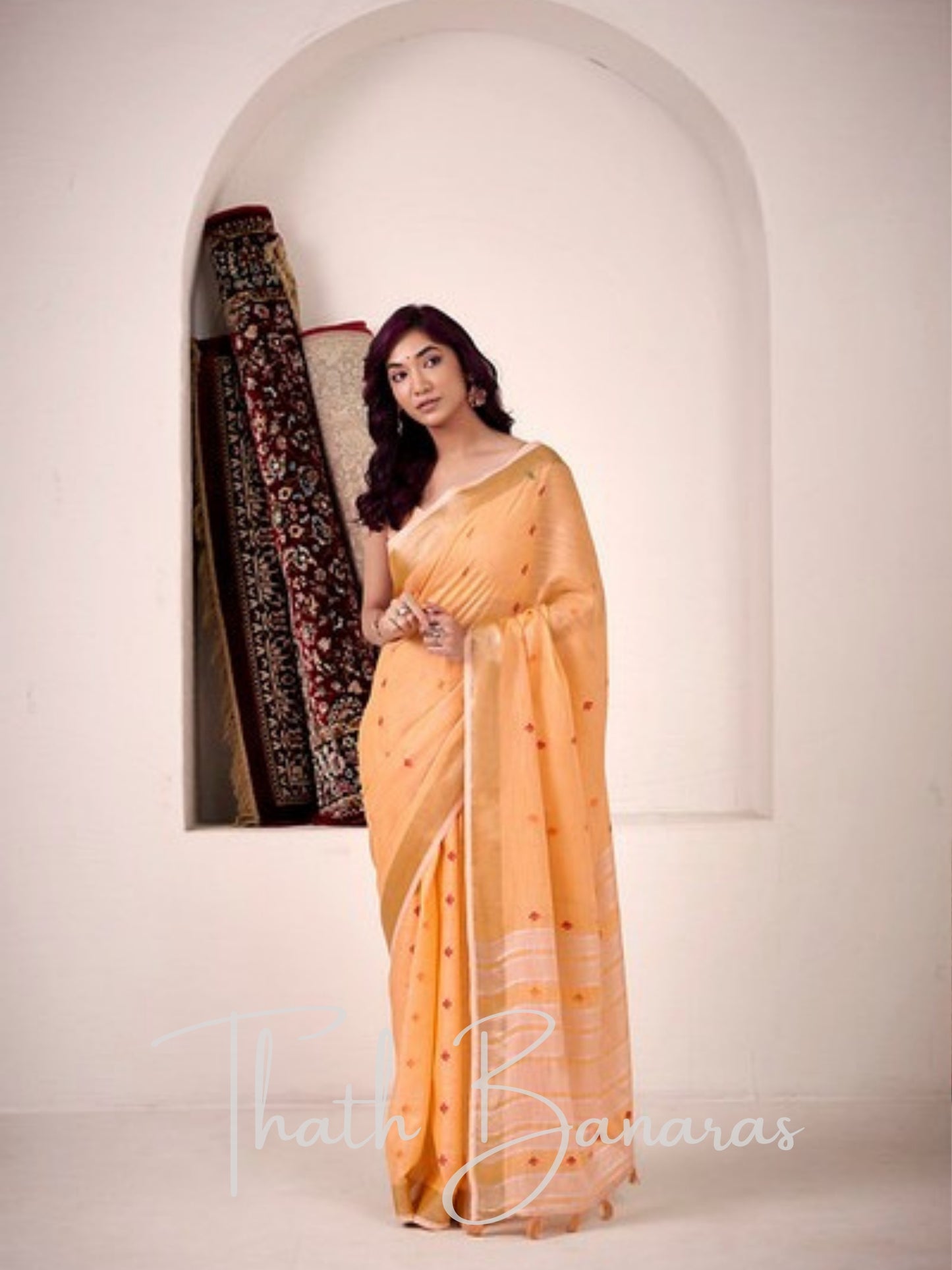 Peach - light Orange Linen Silk Saree