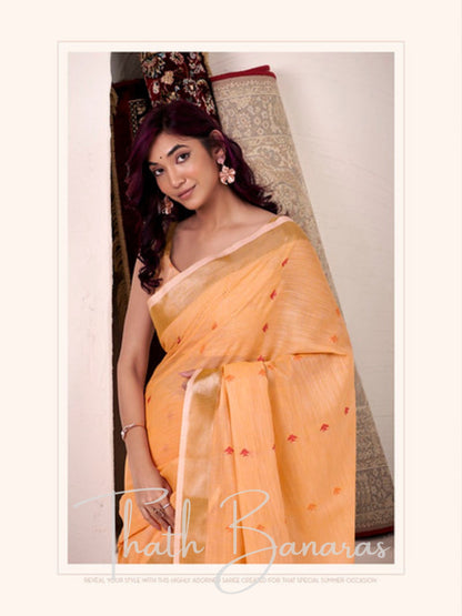 Peach - light Orange Linen Silk Saree