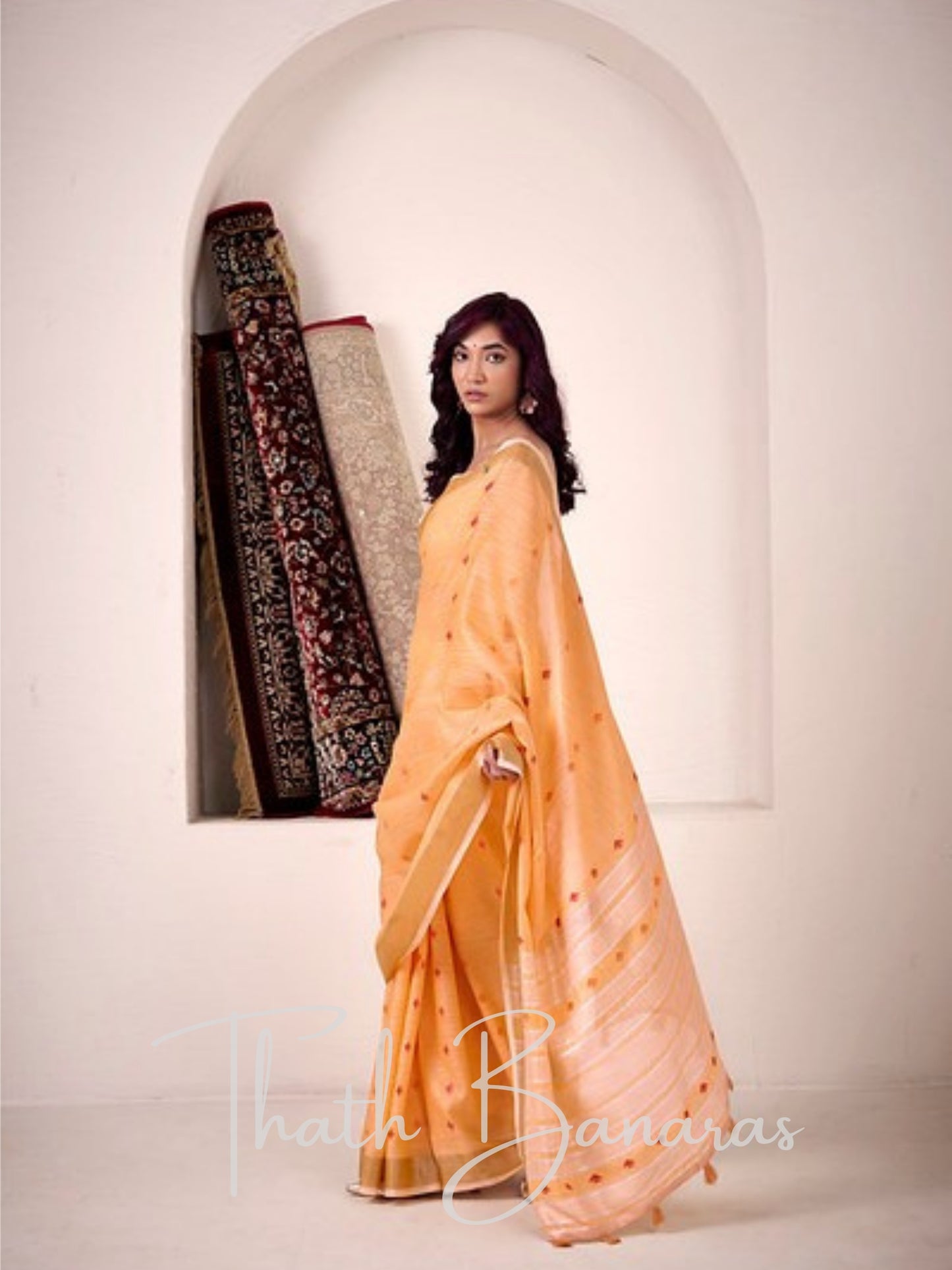 Peach - light Orange Linen Silk Saree