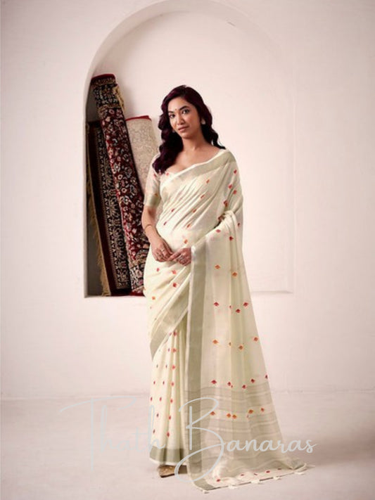 Off White Linen Silk Saree with Subtle Embellishments