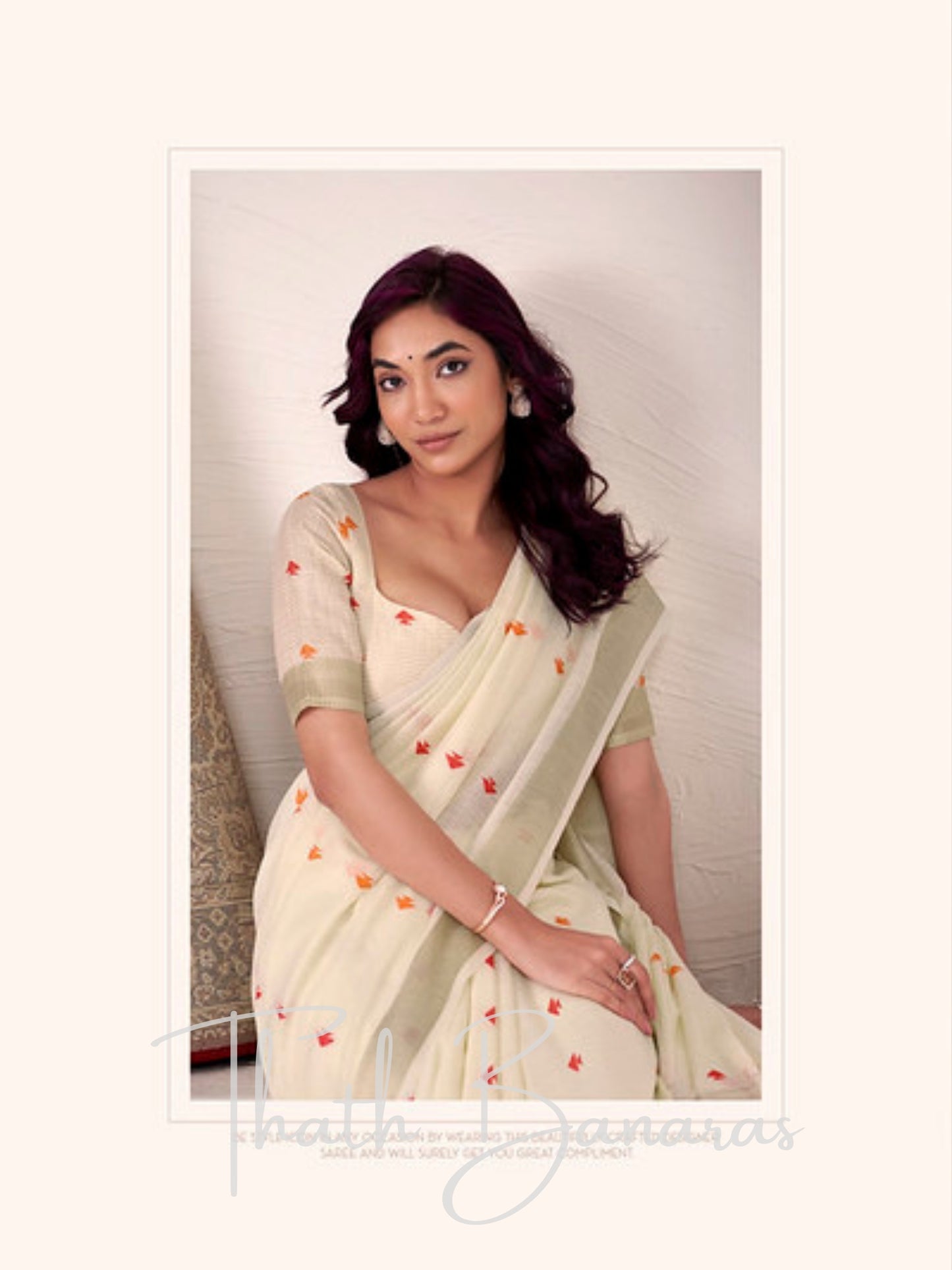 Off White Linen Silk Saree with Subtle Embellishments