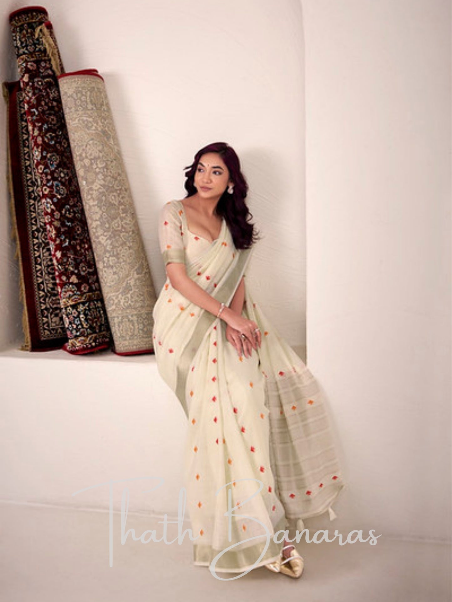 Off White Linen Silk Saree with Subtle Embellishments