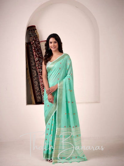 Elegant Sea Green Linen Silk Saree with Woven work