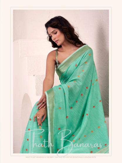 Elegant Sea Green Linen Silk Saree with Woven work