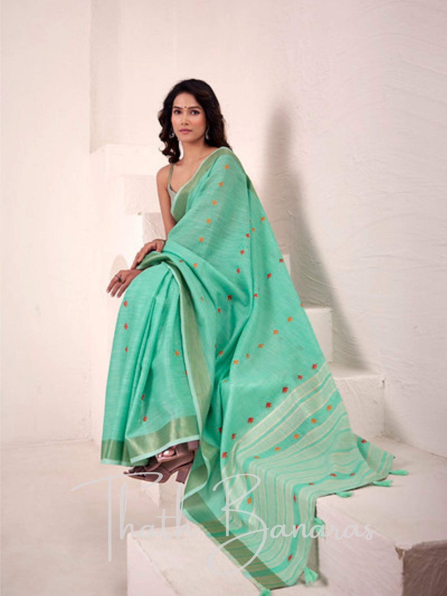 Elegant Sea Green Linen Silk Saree with Woven work