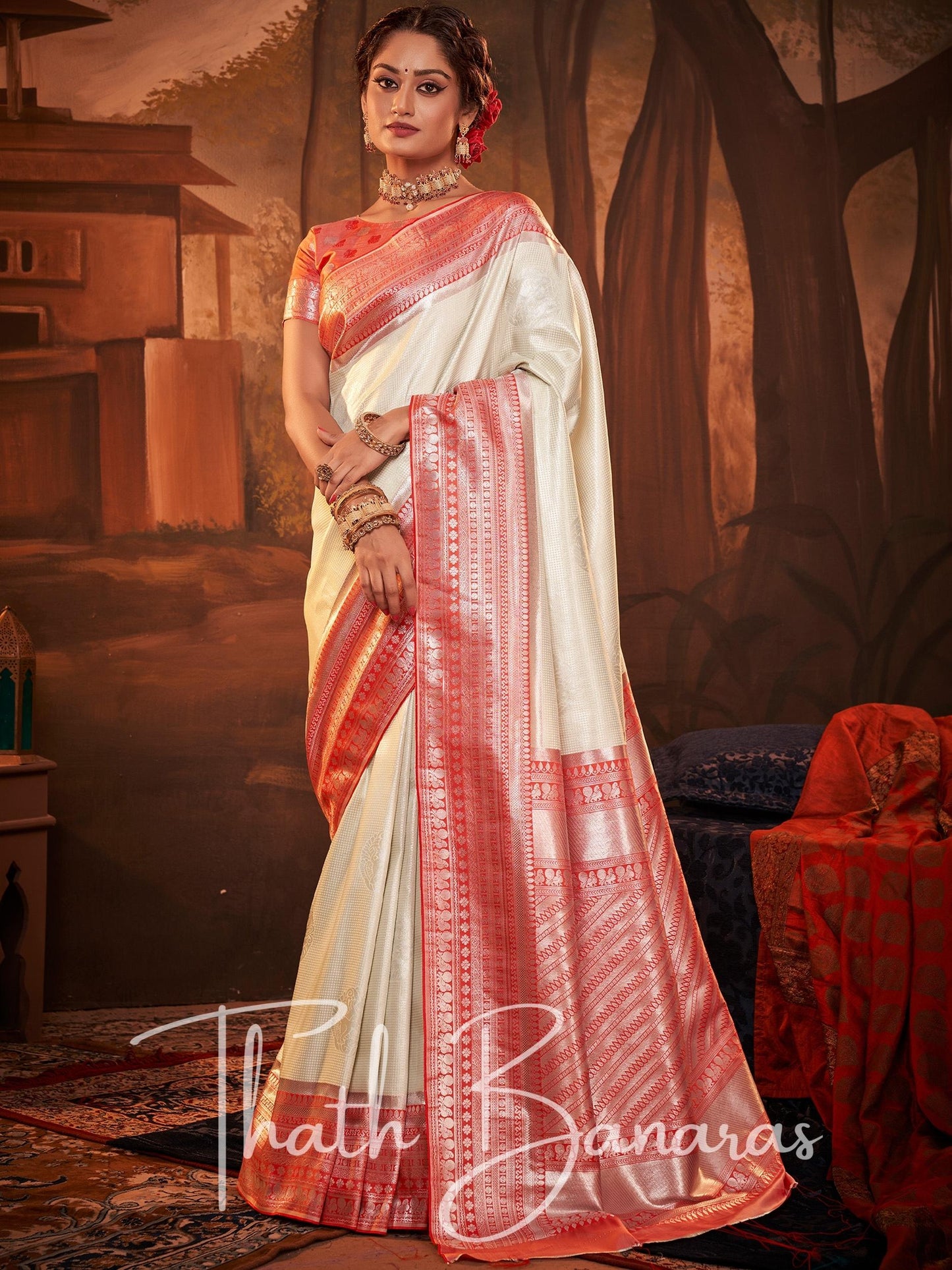 Red and white kanchivaram silk saree