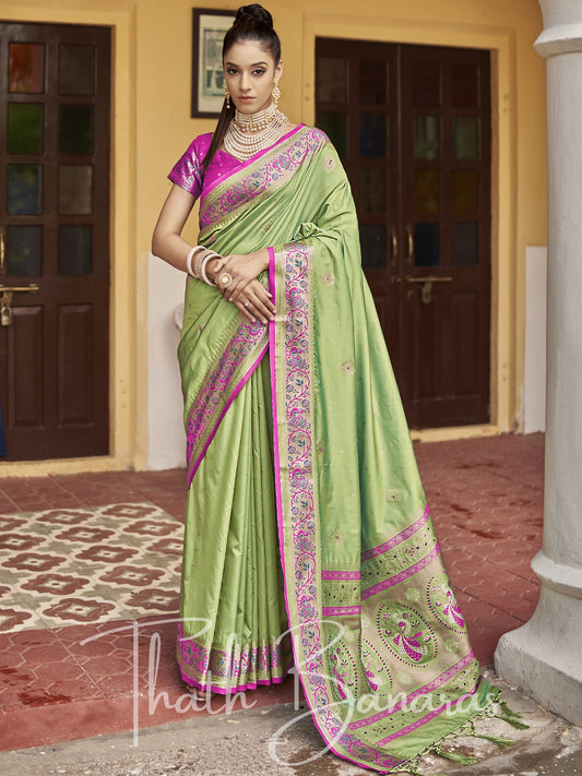 Green and pink Soft Silk Weaving with contrast Blouse and Designer Pallu