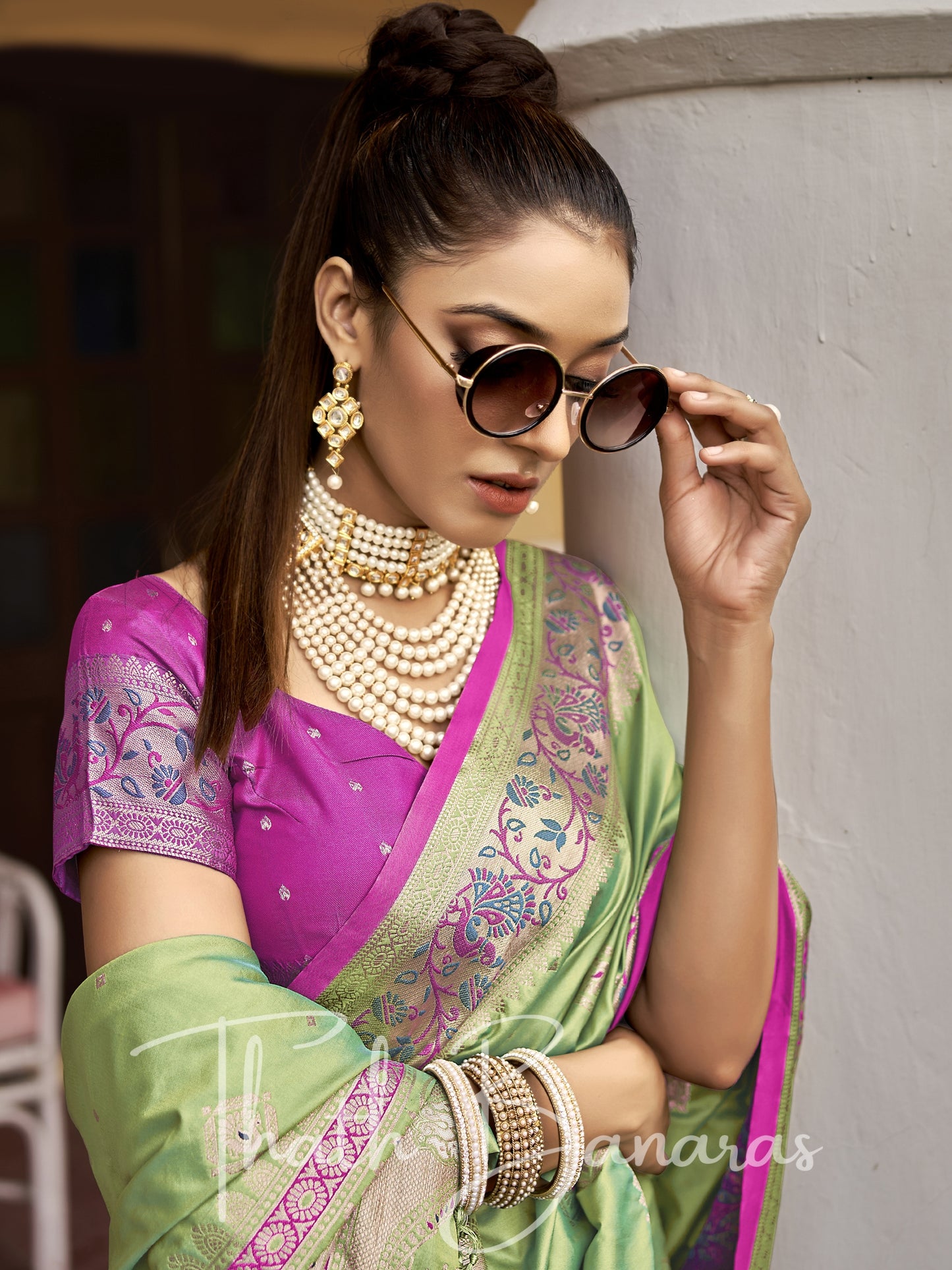 Green and pink Soft Silk Weaving with contrast Blouse and Designer Pallu