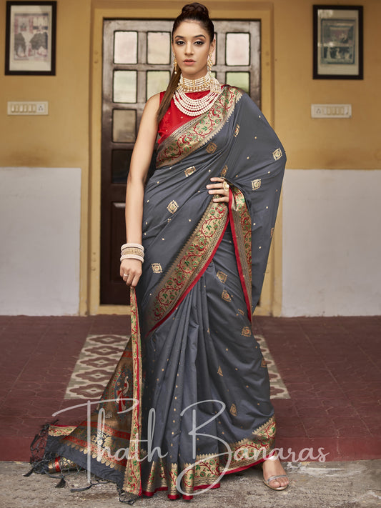 Grey and red Soft Silk Weaving with contrast Blouse and Designer Pallu