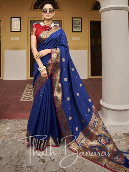 Blue and red Soft Silk Weaving with contrast Blouse and Designer Pallu