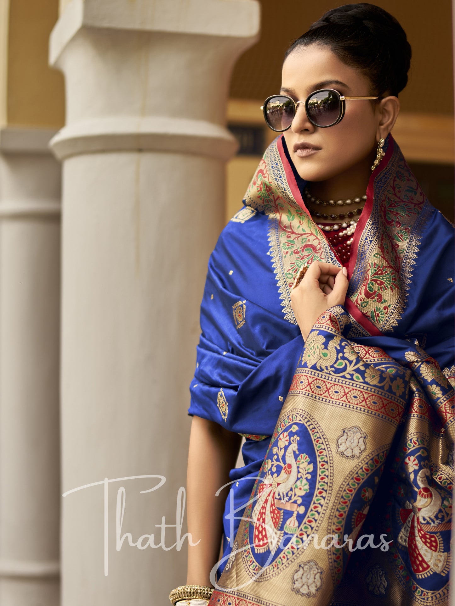 Blue and red Soft Silk Weaving with contrast Blouse and Designer Pallu