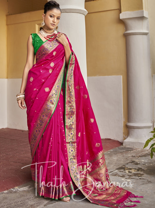 Magenta and green Soft Silk Weaving with contrast Blouse and Designer Pallu