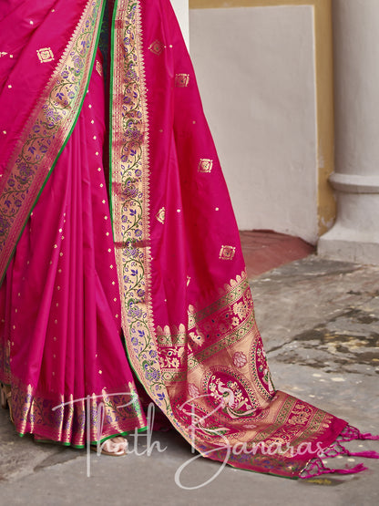 Magenta and green Soft Silk Weaving with contrast Blouse and Designer Pallu