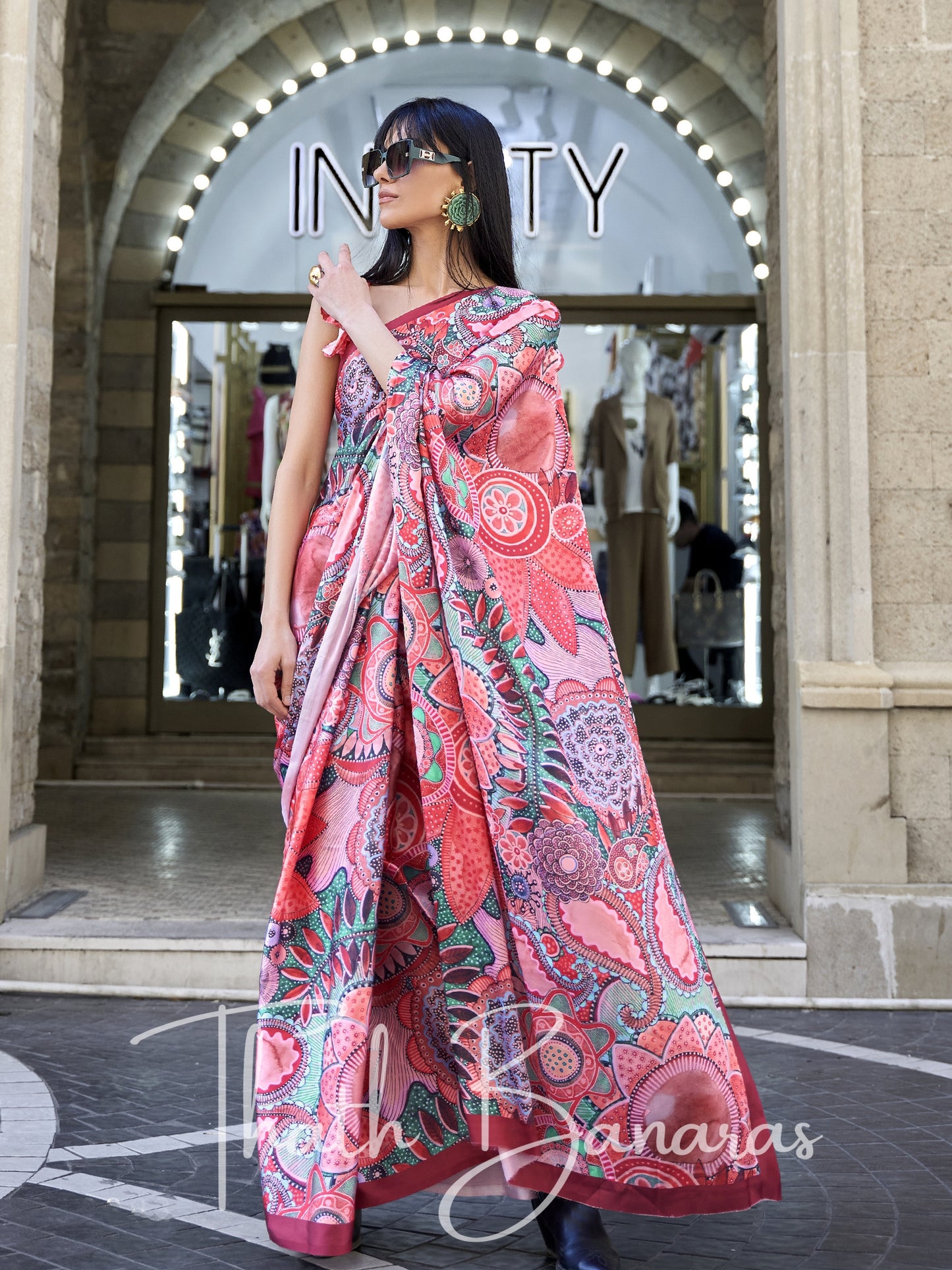 Baby Pink Satin Crepe Digital Print Saree