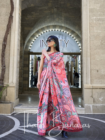 Baby Pink Satin Crepe Digital Print Saree