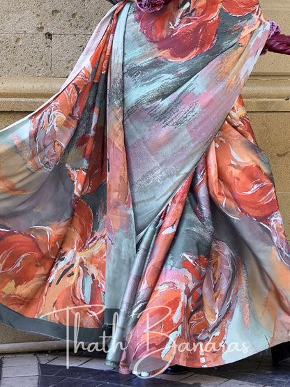 Grey Satin Crepe Digital Print Saree