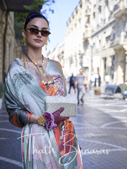 Grey Satin Crepe Digital Print Saree