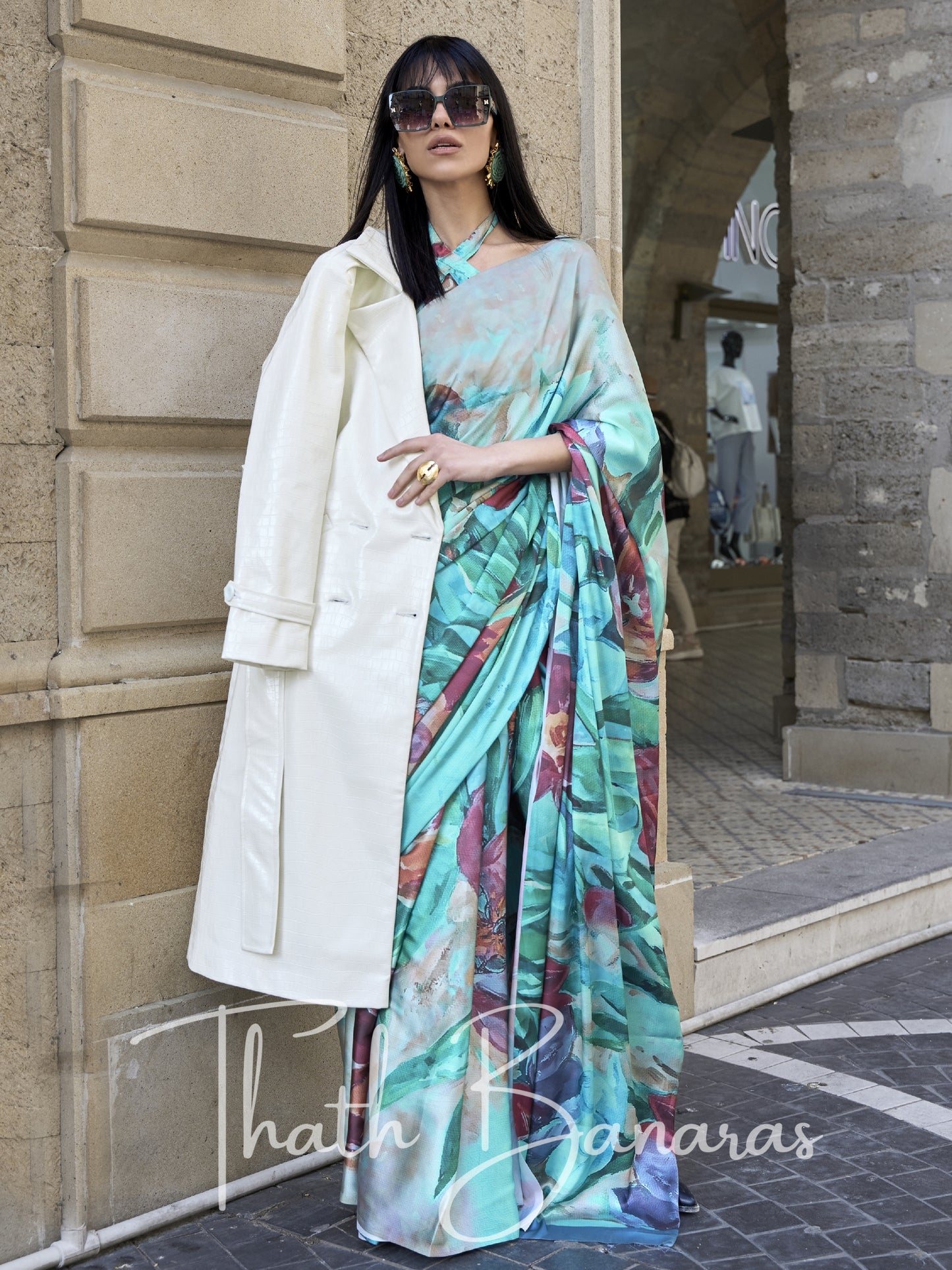 Aqua Green Satin Crepe Digital Print Saree