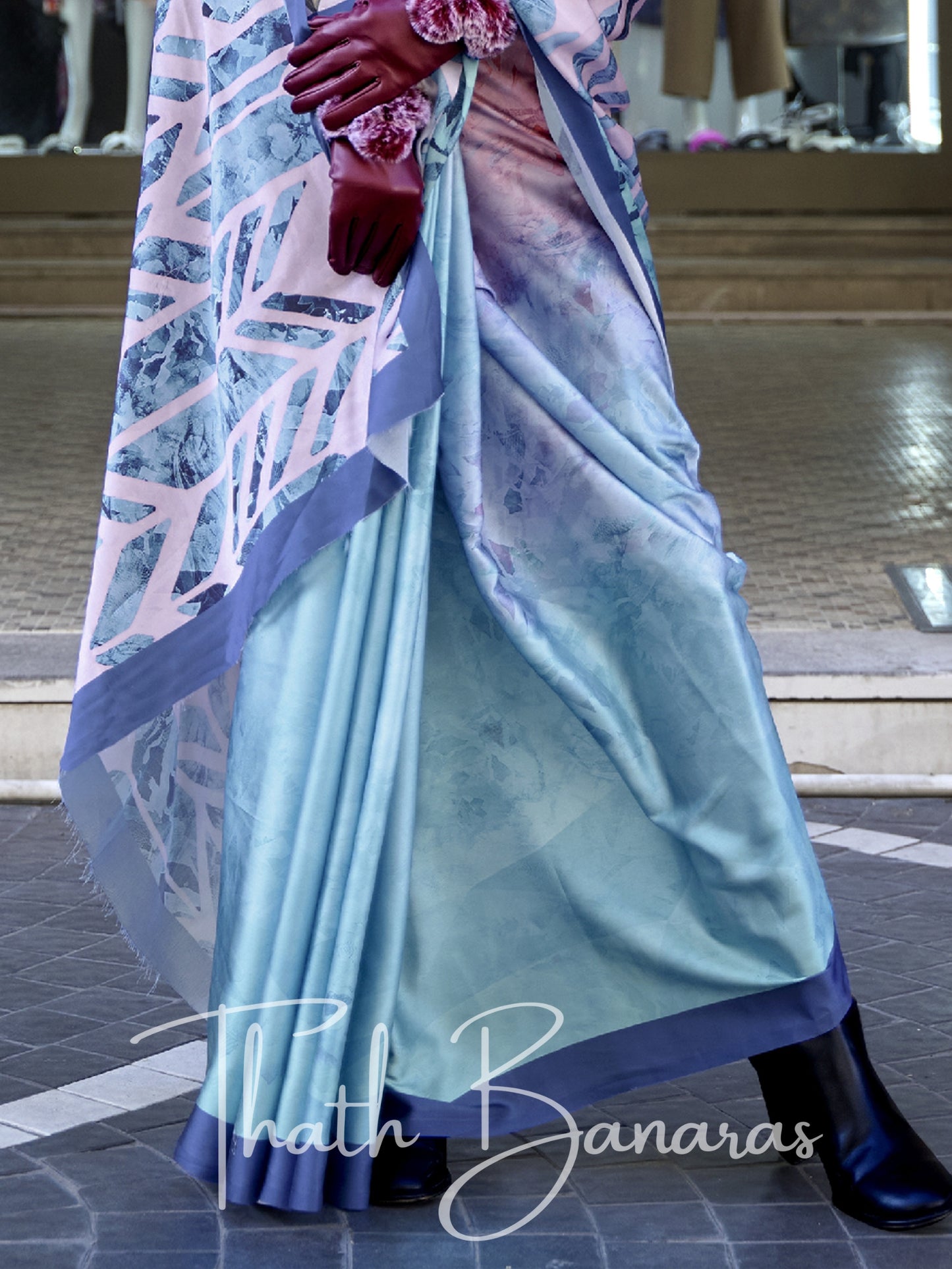 Sea Blue Satin Crepe Digital Print Saree