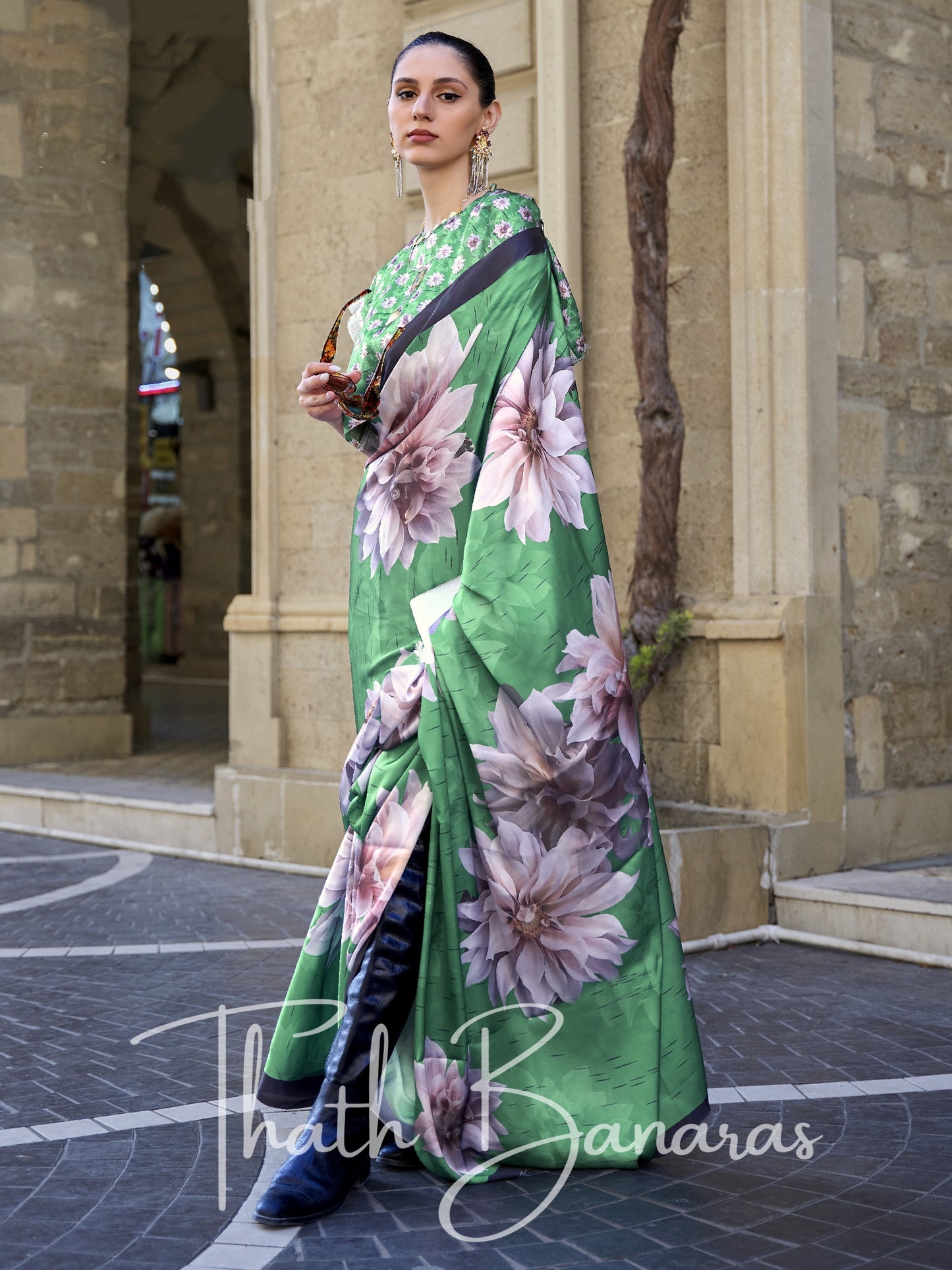 Green Satin Crepe Digital Print Saree