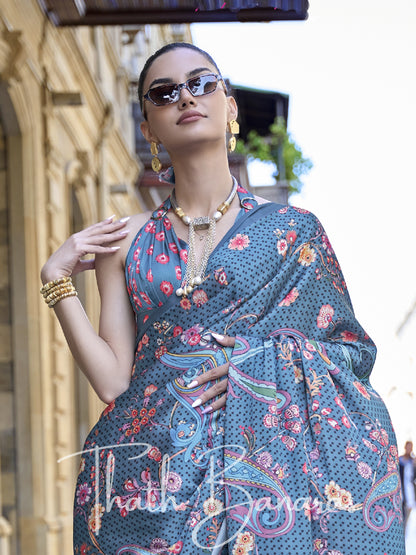 Indigo Blue Satin Crepe Digital Print Saree