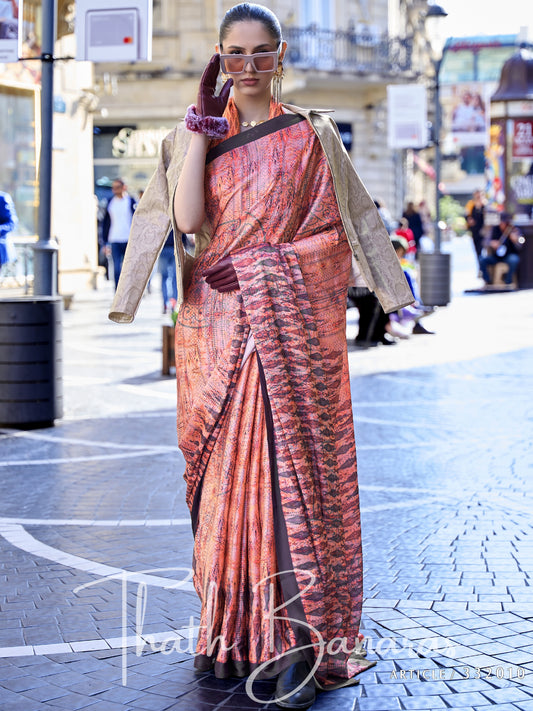 Orange Satin Crepe Digital Print Saree