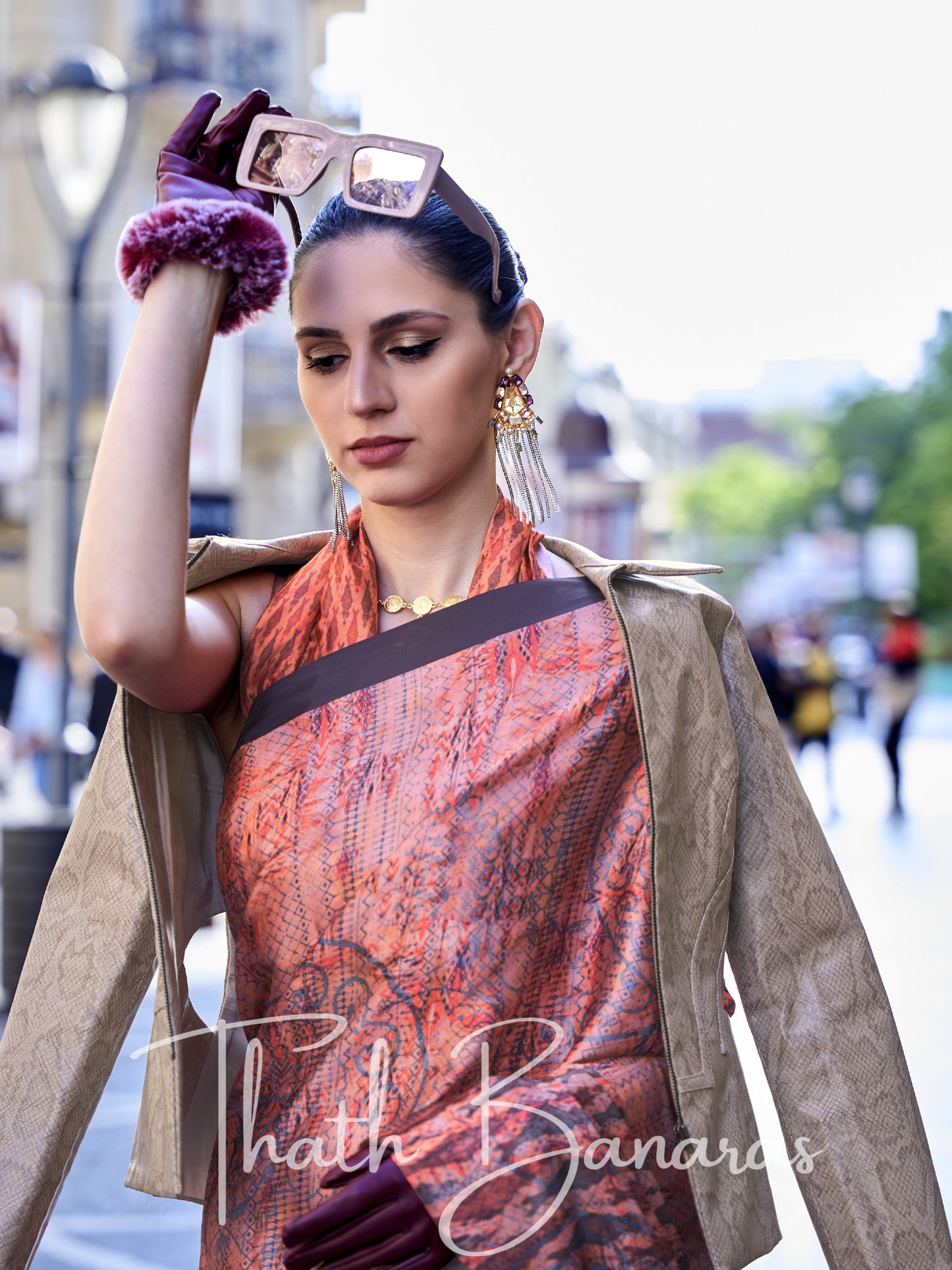 Orange Satin Crepe Digital Print Saree