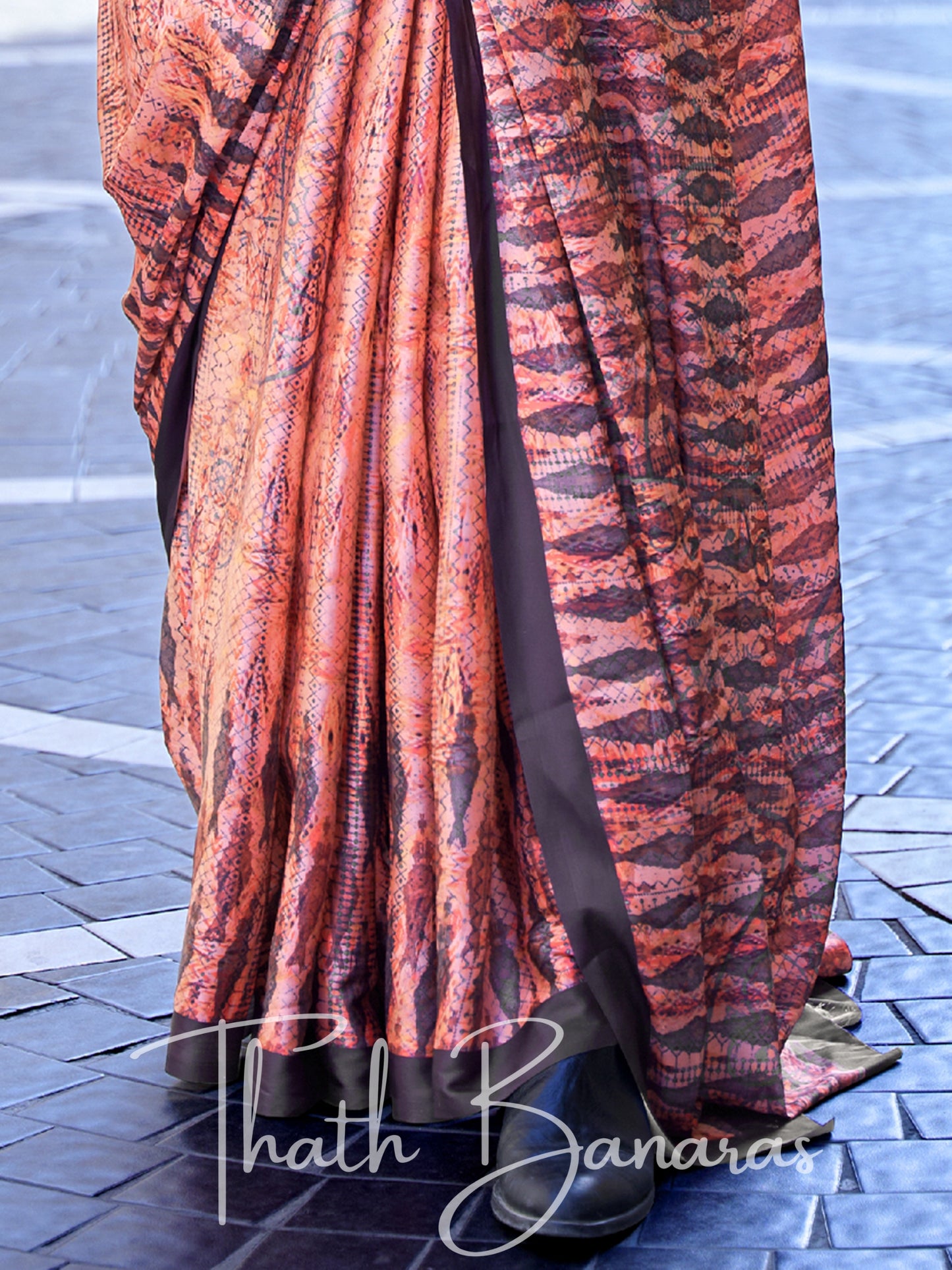 Orange Satin Crepe Digital Print Saree