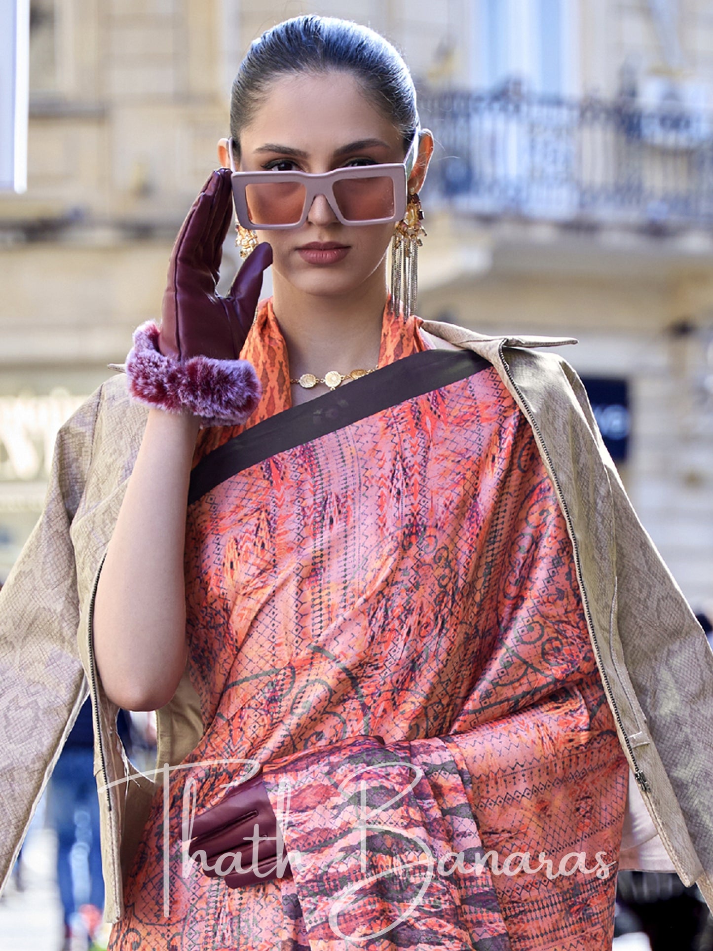 Orange Satin Crepe Digital Print Saree