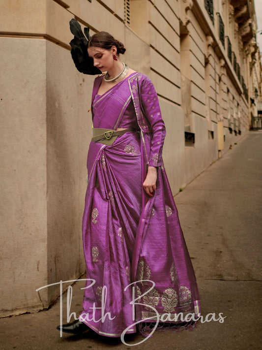 Neon Purple Satin Zari Lining Handloom Weaving Saree