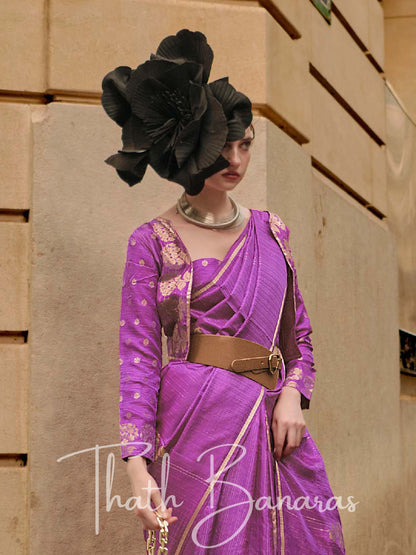 Neon Purple Satin Zari Lining Handloom Weaving Saree