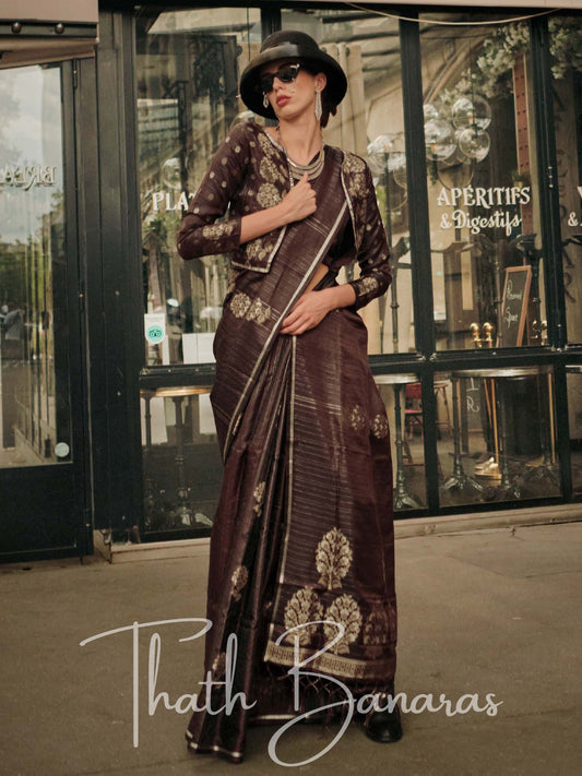 Walnut Brown Satin Zari Lining Handloom Weaving Saree