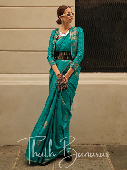 Peacock Green Satin Zari Lining Handloom Weaving Saree