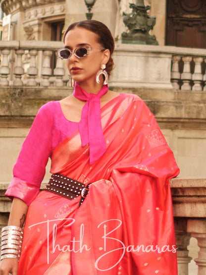 Raspberry Pink Soft Silk Handloom Weaving Saree