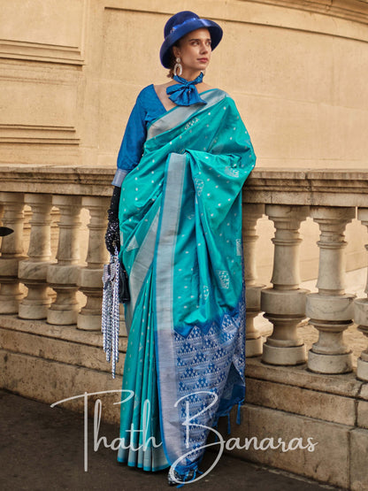 Turquoise Blue Soft Silk Handloom Weaving Saree