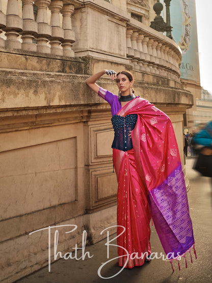 Rose Pink and Purple Soft Silk Handloom Weaving Saree