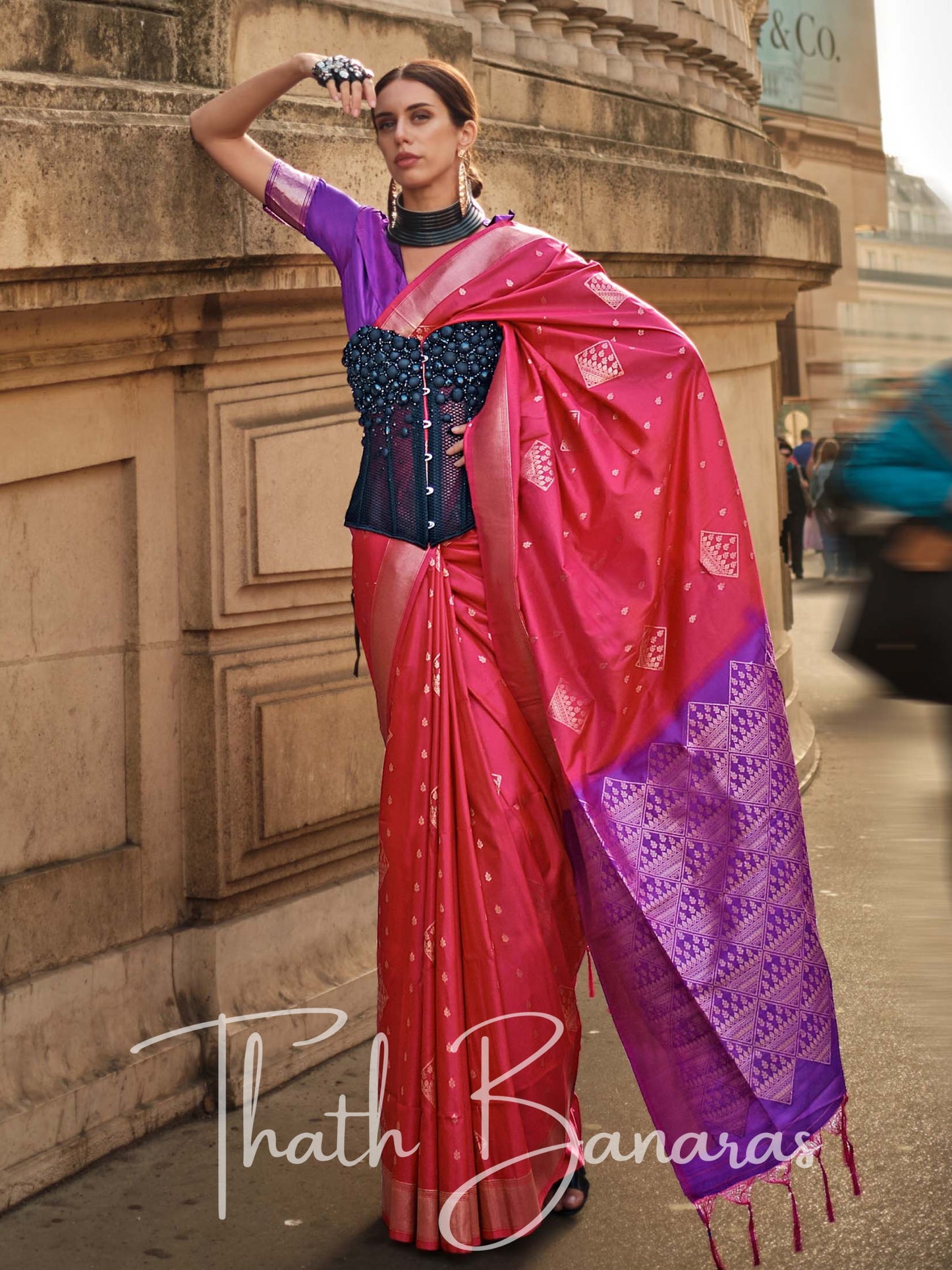 Rose Pink and Purple Soft Silk Handloom Weaving Saree