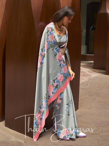 Cosmos Multicolor Satin Crepe Saree with Digital Floral Print