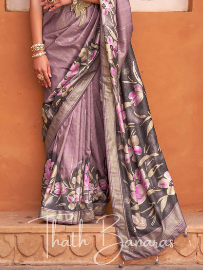 Brandy Rose Purple Viscose Silk with Zari Border and Floral Print