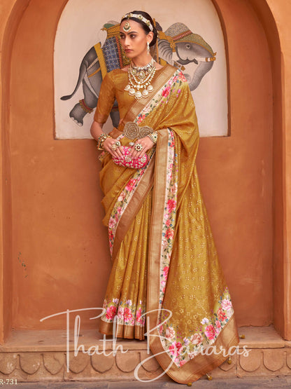 Mustard Yellow Viscose Silk with Zari Border and Floral Print