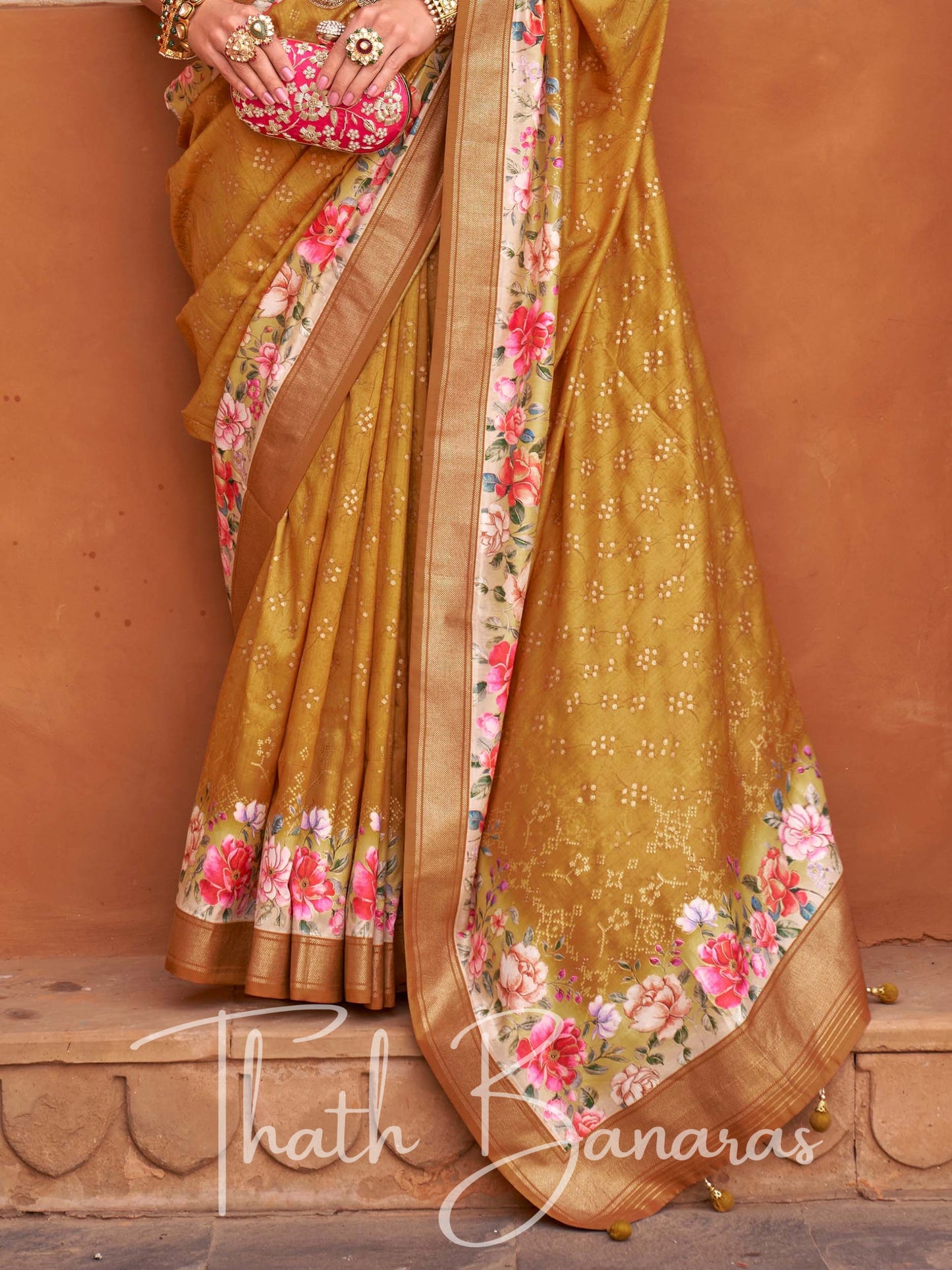 Mustard Yellow Viscose Silk with Zari Border and Floral Print