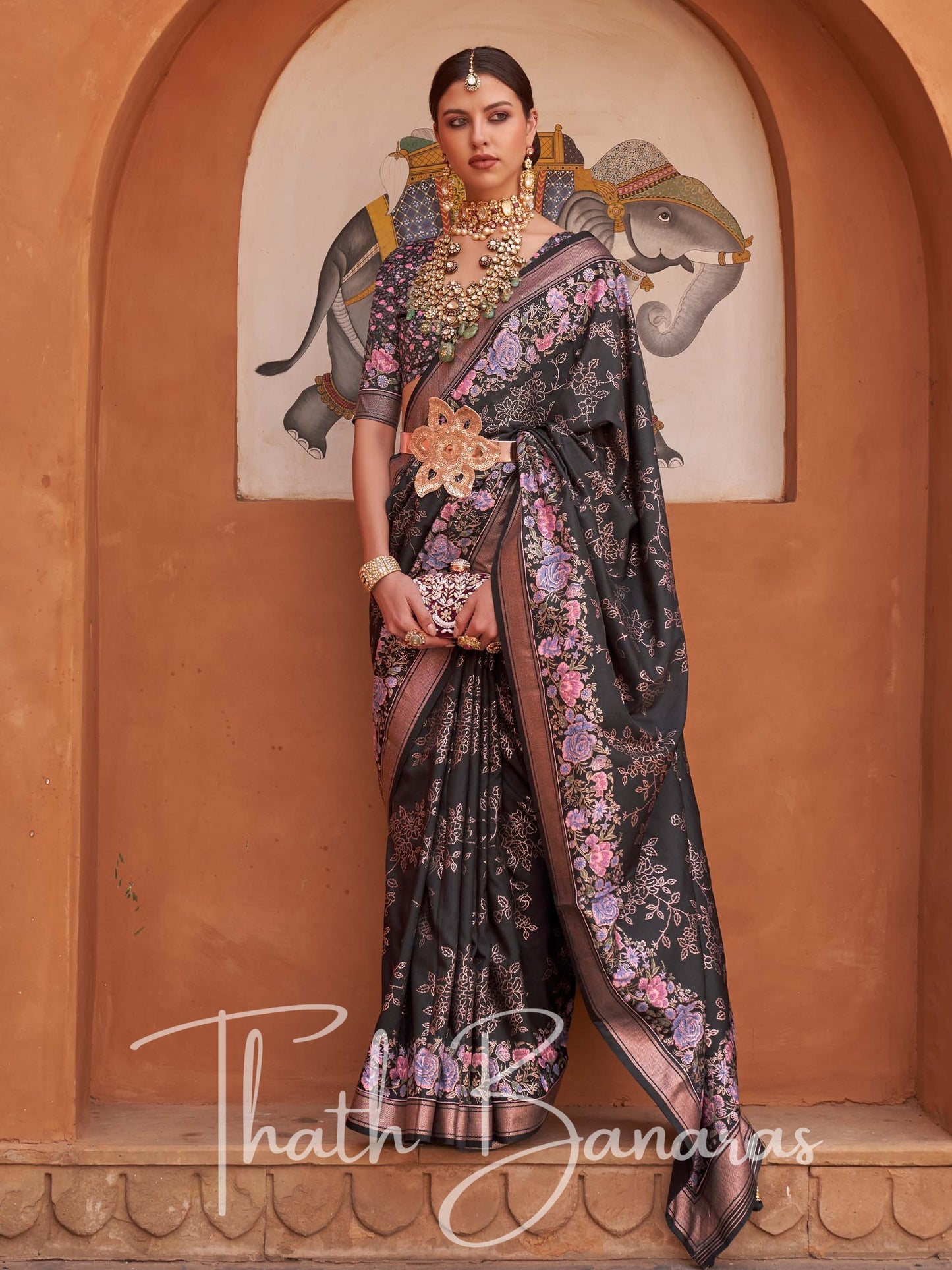 Rich Black Viscose Silk with Zari Border and Floral Print