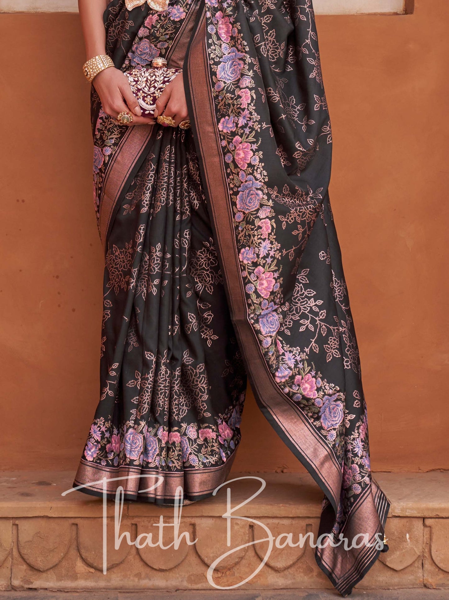 Rich Black Viscose Silk with Zari Border and Floral Print