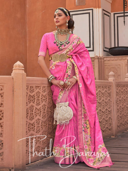 Flamingo Pink Viscose Silk with Zari Border and Floral Print