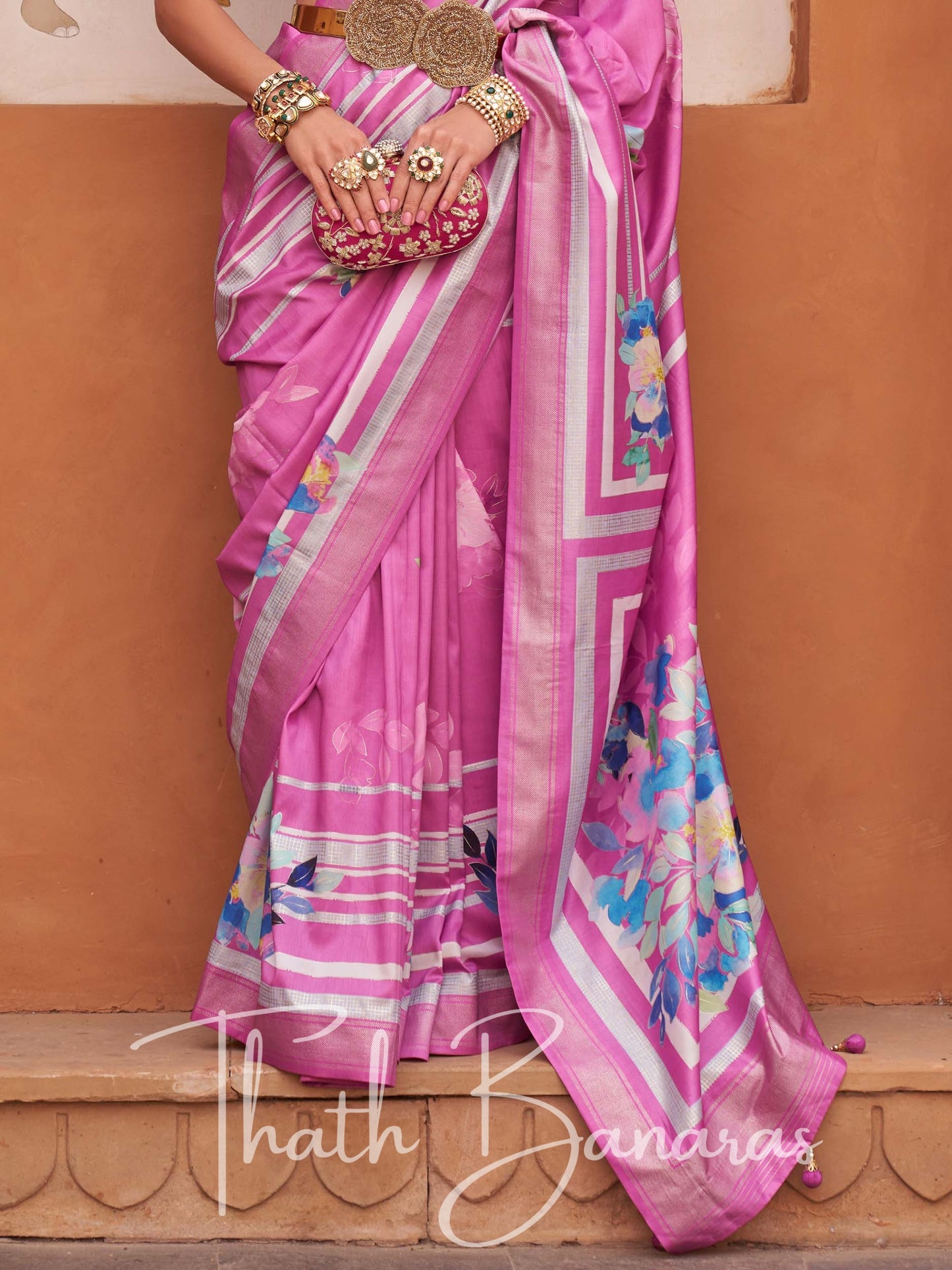 Floral Pink Viscose Silk with Zari Border and Floral Print