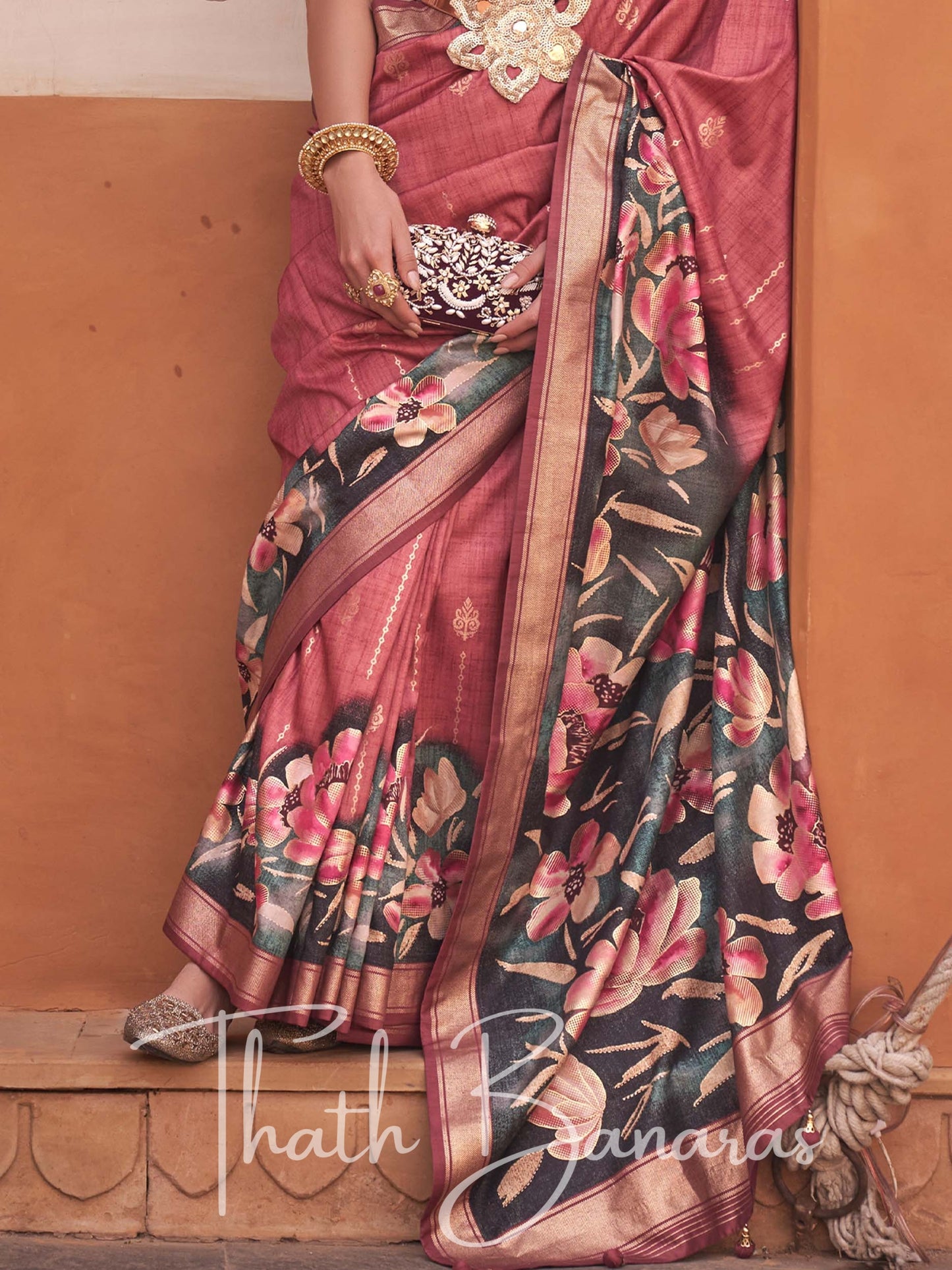 Onion Peach Viscose Silk with Zari Border and Floral Print