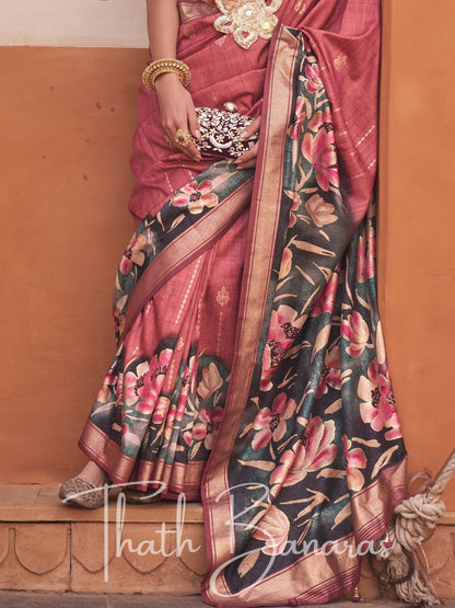 Onion Peach Viscose Silk with Zari Border and Floral Print