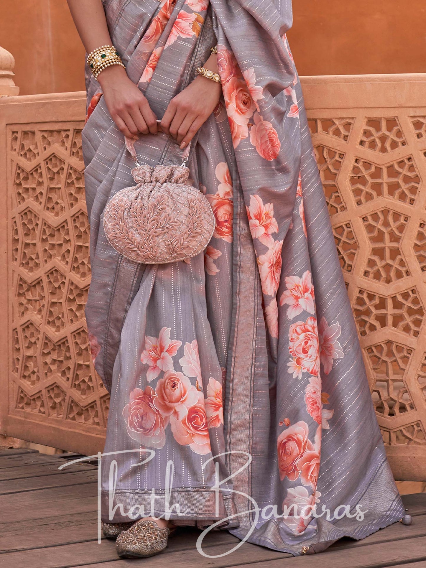 Mine Grey Viscose Silk with Zari Border and Floral Print