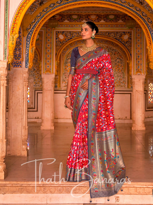 red-blue multicolor pure patola silk with paithani geometric pallu